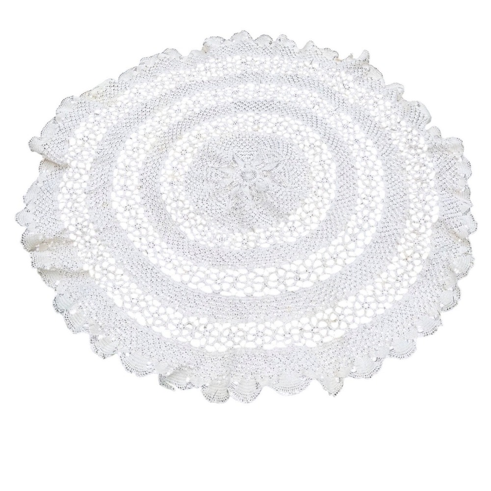 Vintage Handmade Crochet Round Tablecloth 53" Off-White Lace Floral Scalloped